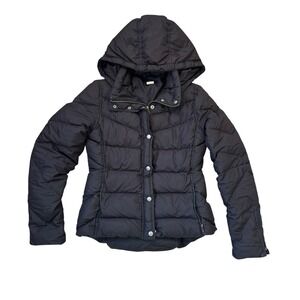 J‎ Crew Down Feather Hooded Full Zip Puffer Jacket Black SM Preppy City Classic